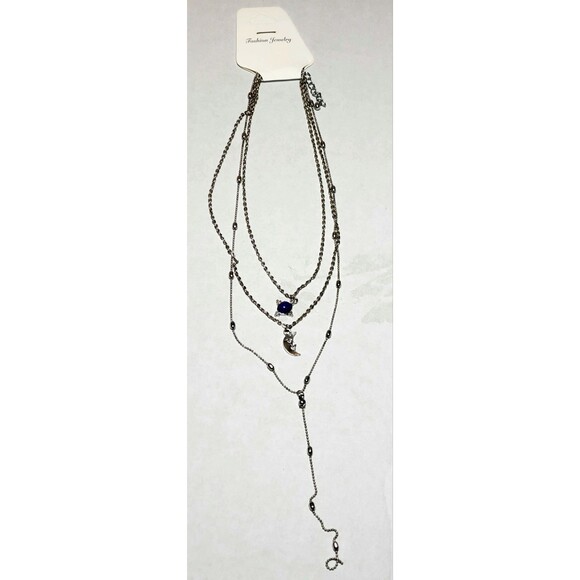 Boho celestial silver Y lariat necklace with layered moon and star charms, 12" - Picture 10 of 11